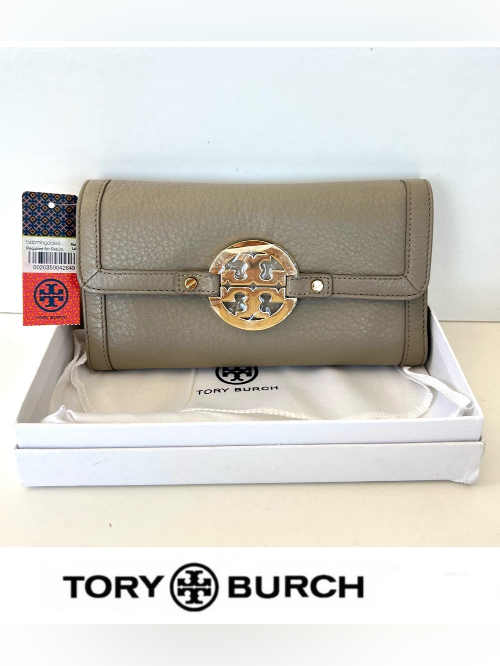 TORY BURCH Amanda Checkbook Khaki Pebbled leather Gold-tone Logo Wallet NWT